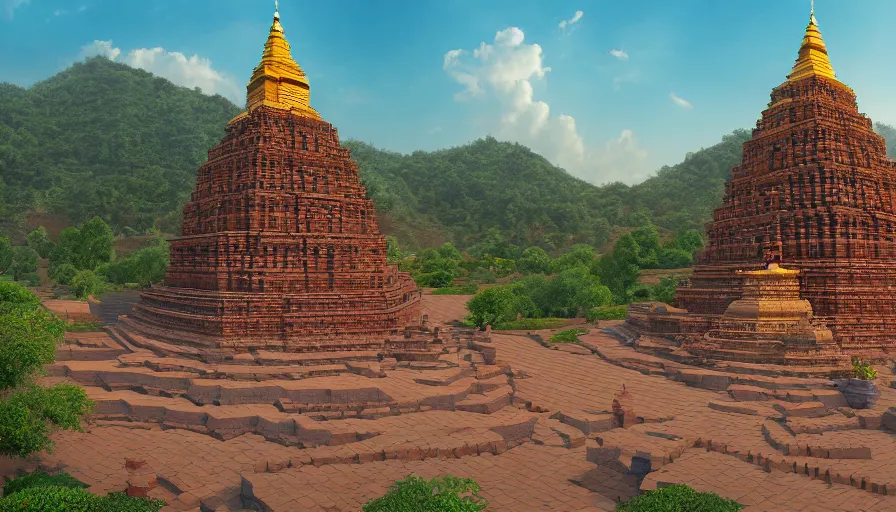 Image similar to matte painting of a beautiful mon - dvaravati village buddhist temple and stupa made by brick, crowded village, digital art, trending on artstation