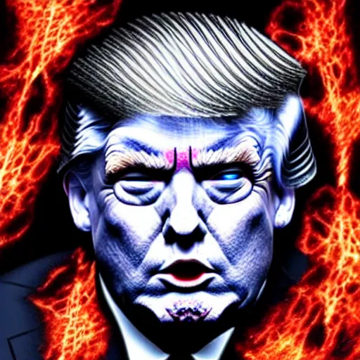 Prompt: a horrific death metal album cover of donald trump with laser eyes, trending on artstation