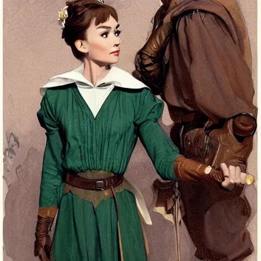 Prompt: a beautiful woman, beauty, looks like Audrey Hepburn, bard, brown hair, messy hairstyle, bangs, cream colored peasant shirt, brown pants, leather boots, dark green cloak, round hood, elf ears, youthful, white background, dungeons and dragons, proportionate, by j.c. leyendecker