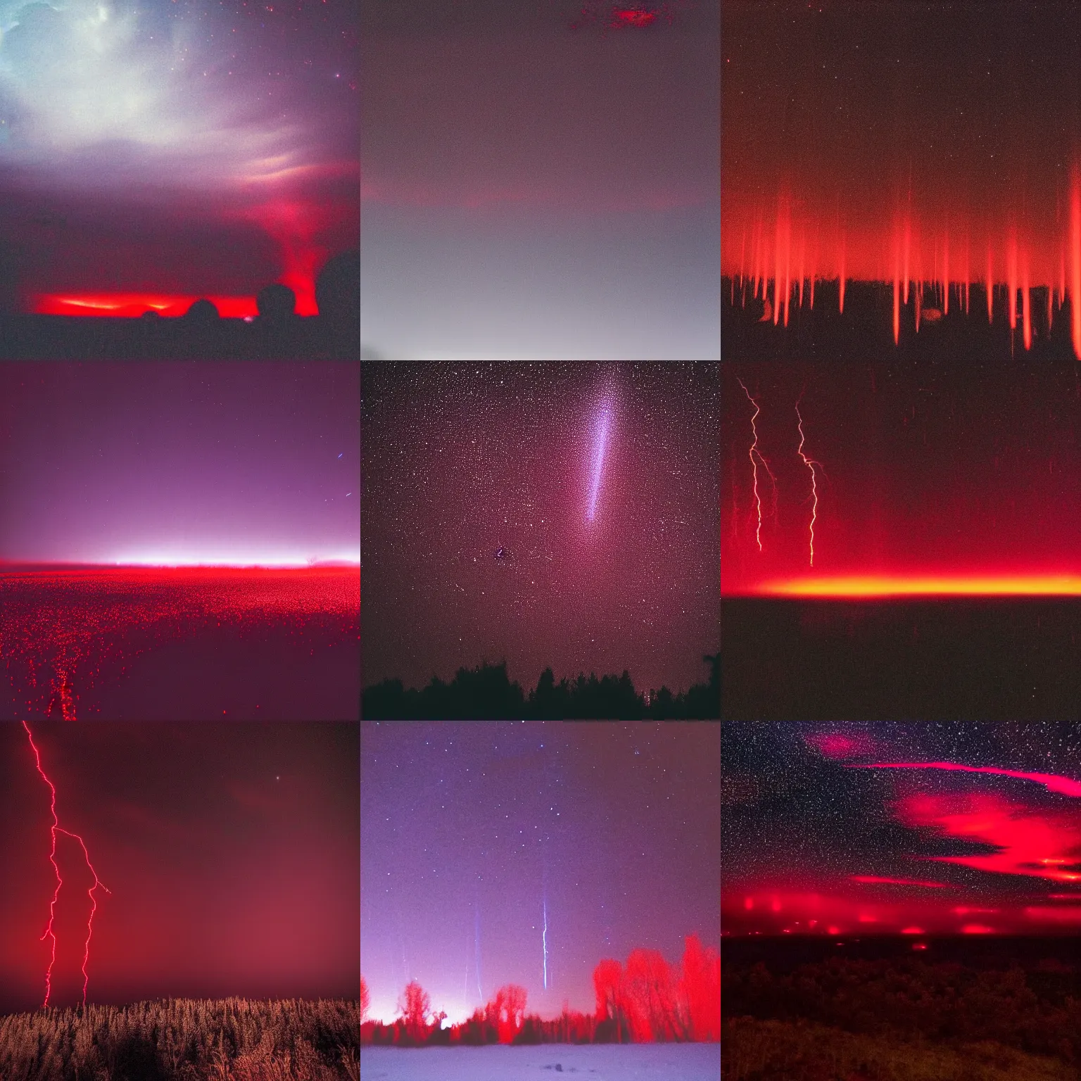 Prompt: red sprites in atmosphere, night, unsettling photo