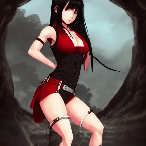 Prompt: portrait of tifa lockhart standing by a river, black and red colors, anime fantasy illustration by tomoyuki yamasaki, kyoto studio, madhouse, ufotable, trending on artstation