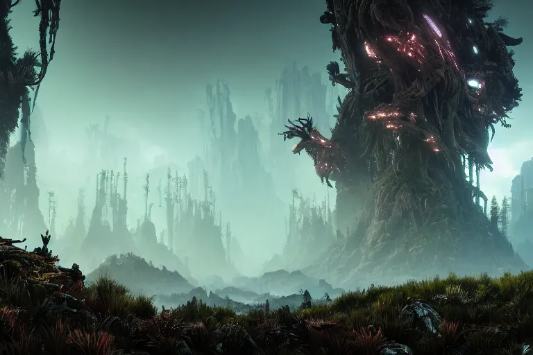 Image similar to wide epic shot from horizon forbidden west. a hyper detailed organic mechanic creatuve realistic similar look as horizon forbidden west horizon zero dawn, bioluminiscence in a dark deep forest at dawn in spring, with reflection and textures, by kilian eng, substance painter reaslitic mech surface metal painted scratches, world env from horizon forbidden west horizon zero dawn