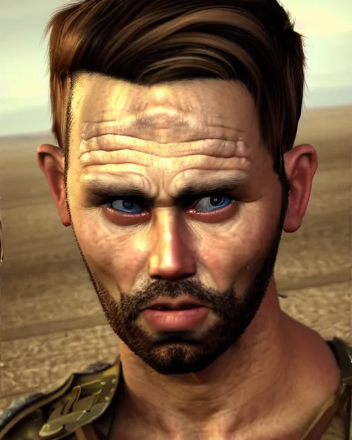 Prompt: portrait of muscular, tired and alcoholic 3 0 - year - old handsome man with short darkblonde hair, serious sad look in his eyes, looking down, dirty beard, blue eyes, crying tears, wearing dirty soldier uniform, on the desert, sad atmosphere, hyper realistic face, character art, art by mark brooks, cryengine, trending on artstation, digital art
