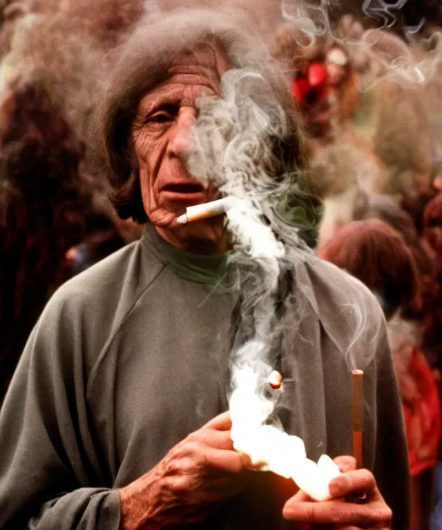 Prompt: photograph of emperor palpatine smoking weed at woodstock in 1 9 6 9, 3 5 mm film, kodachrome