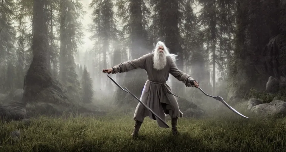 Image similar to A beautiful hyper realistic ultra detailed lifelike matte painting of Gandalf the grey throwing a magic gigantic fork spell towards beehive in forest, unreal engine, deviantart, flickr, artstation, octane render, textured, colorful, extreme realistic detail, physically based rendering, pbr render, very detailed, volumetric lighting, detailed lighting, octane render, 4k, cinematic lighting, 8k resolution