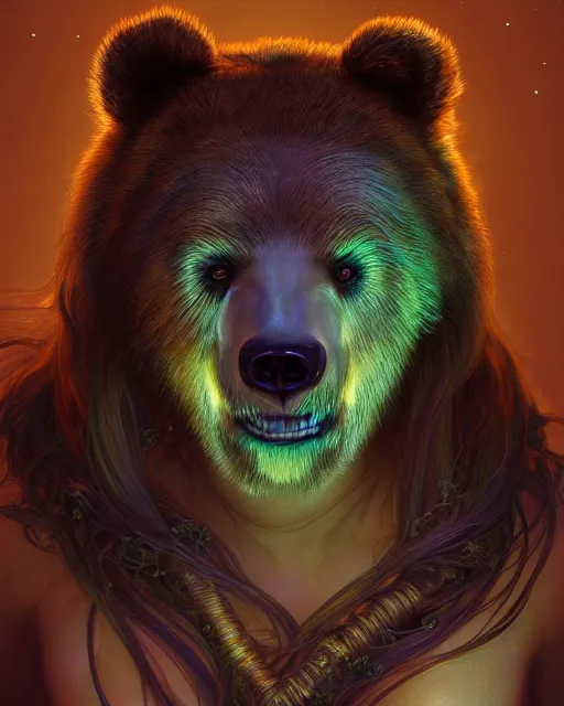 Prompt: portrait of a cute female bear, bioluminescent, veins, horror, happy, highly detailed, digital painting, cinematic, hyperrealism, dark retrowave, art by stanley lau and artgerm and magali villeneuve and alphonse mucha, artstation, octane render, cgsociety