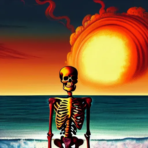 Image similar to Beautiful digital painting portrait of relaxed skeleton walking on the tropical beach with nuclear bomb explosion on the ocean in the background, high quality, trending on Artstation, highly detailed big nuclear explosion in the background, realistic, tropical color scheme, anatomically correct skeleton, high coherence, beautiful aesthetic lighting