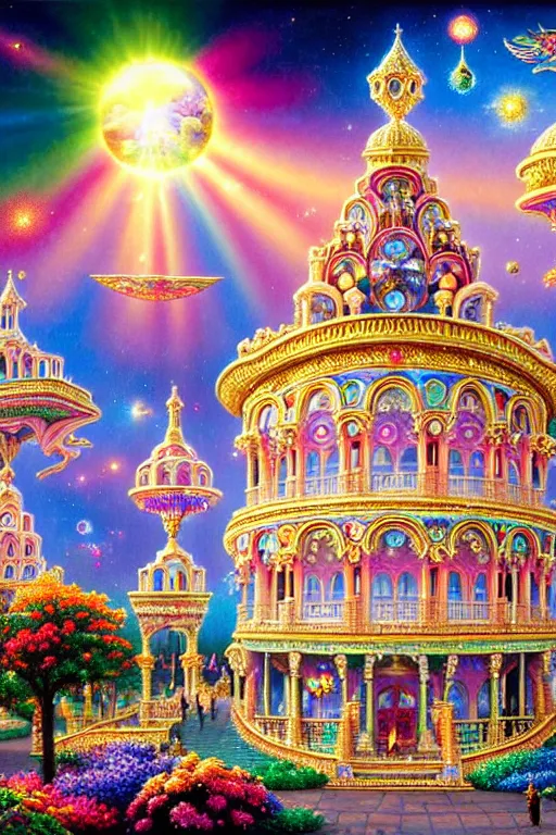 Prompt: a photorealistic detailed cinematic image of a beautiful vibrant iridescent future for human evolution, spiritual science, divinity, utopian, prismatic cumulus clouds, ornate architecture, isometric palace, ornate intricate embellished kingdom. night garden magic, jewels and sparkling diamonds, by david a. hardy, kinkade, lisa frank, wpa, public works mural, socialist