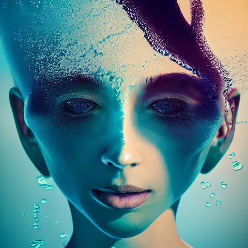 Image similar to water artwork manipulation in the shape of a human head, on the ocean water, beautiful woman, ray tracing, realistic water sharp focus, long shot, 8 k resolution, cinematic, surreal water art