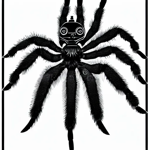 Prompt: book illustration of a tarantula with a machine gun. book illustration, monochromatic, white background, black and white image