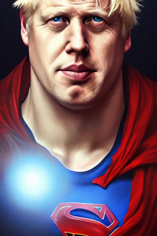 Image similar to Boris Johnson as Superman, realistic portrait, symmetrical, highly detailed, digital painting, artstation, concept art, smooth, sharp focus, illustration, cinematic lighting, art by artgerm and greg rutkowski and alphonse mucha