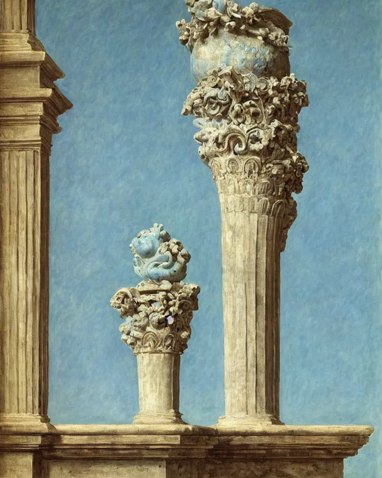 Image similar to achingly beautiful painting of intricate ancient roman corinthian capital on a baby blue background by rene magritte, monet, and turner. giovanni battista piranesi.
