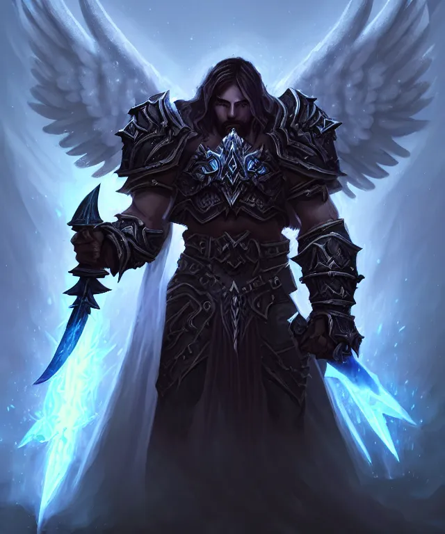 Image similar to dark world of warcraft blizzard art, portrait of fallen man angel kneeling with a sword and wings, bokeh. dark art masterpiece artstation. 8k, sharp high quality illustration in style of Jose Daniel Cabrera Pena and Leonid Kozienko, concept art by Tooth Wu