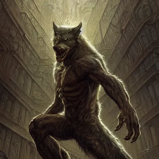 Image similar to low angle shot of a werewolf by clive barker, intricate, elegant, highly detailed, centered, digital painting, artstation, concept art, smooth, sharp focus, illustration, artgerm, Tomasz Alen Kopera, Peter Mohrbacher donato giancola, Joseph Christian Leyendecker, WLOP, Boris Vallejo.