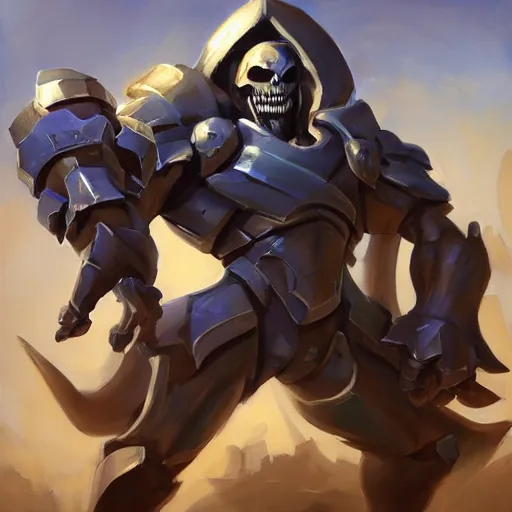 Prompt: greg manchess portrait painting of partially armored powerful skeletor overwatch character, medium shot, asymmetrical, profile picture, organic painting, sunny day, matte painting, bold shapes, hard edges, street art, trending on artstation, by huang guangjian, gil elvgren, ruan jia, greg rutkowski, gaston bussiere