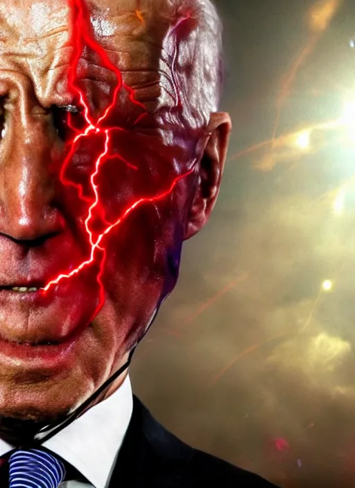 Image similar to hyper realistic photo Doom angry wrathful furious glowing red eyes biden