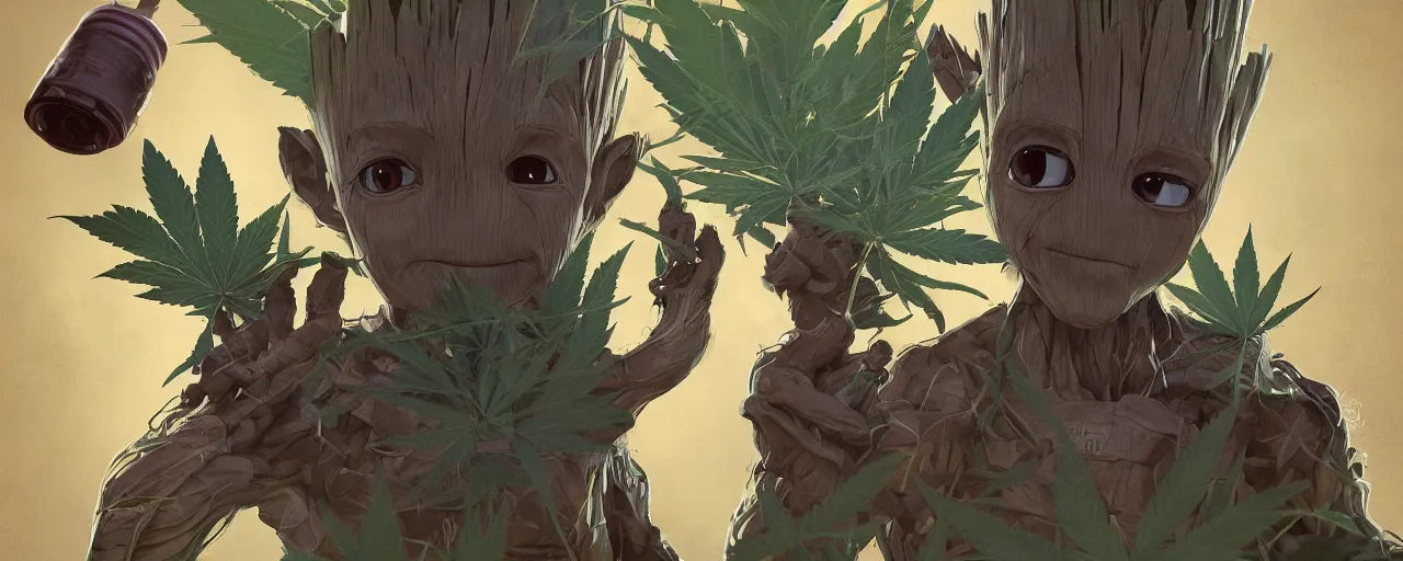 Image similar to duotone concept illustration 3 / 4 portrait of baby groot wearing cannabis hat, hemp, marijuana!, cinematic volumentric lighting, jim cheung, david marquez, mike deodato jr, ilya kuvshinov, makoto shinka, behance hd by jesper ejsing, by rhads, hyper detailed, octane render, concept art, artstation