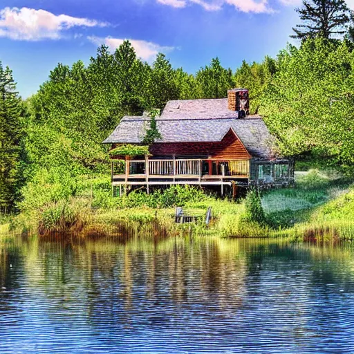 Image similar to Photograph of a cabin by a lake in the style of Thomas Kincaid