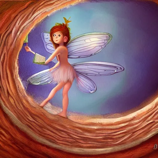 Prompt: a very small fairy hovers above an big open book, highly detailed, digital painting, sharp focus, fantasy art