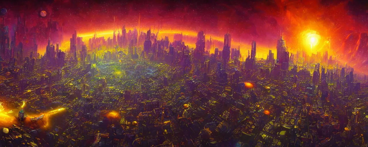 Prompt: outer planet covered in dripping honey with mega cities, [ art by paul lehr, cinematic, detailed, epic, widescreen, opening, establishing, mattepainting, photorealistic, realistic textures, octane render ]