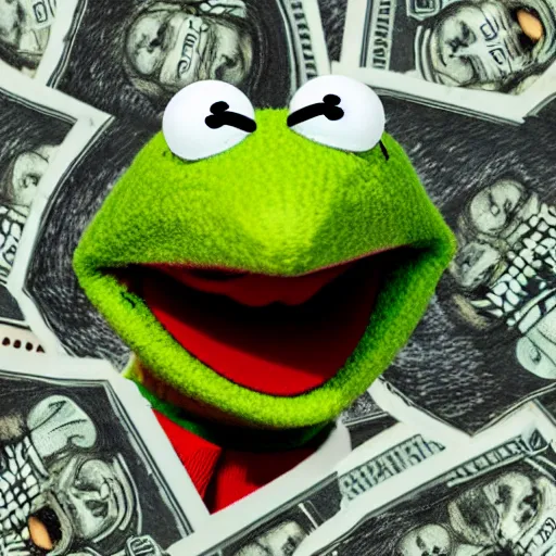 Image similar to Kermit the frog on top of a pile of money, laughing maniacally, big smile, full body, high definition