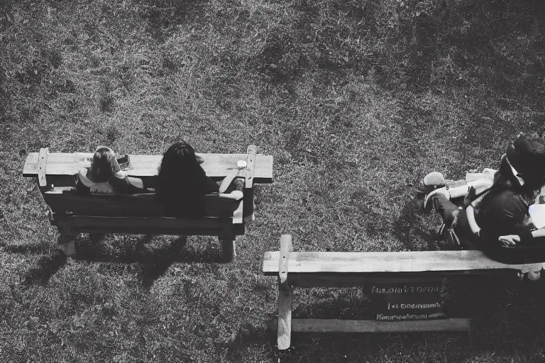 Prompt: A photograph of two benches in a clearing, a woman sitting on one of the benches reading a book, looking down from above,black and white photo.ISO200,F4.5,80mm,1/30,Nikon D3.