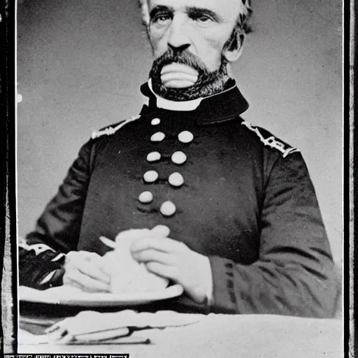 Image similar to a 1 8 5 8 photo of general pitzer a union general eating a large chicken burrito with cheese and salsa