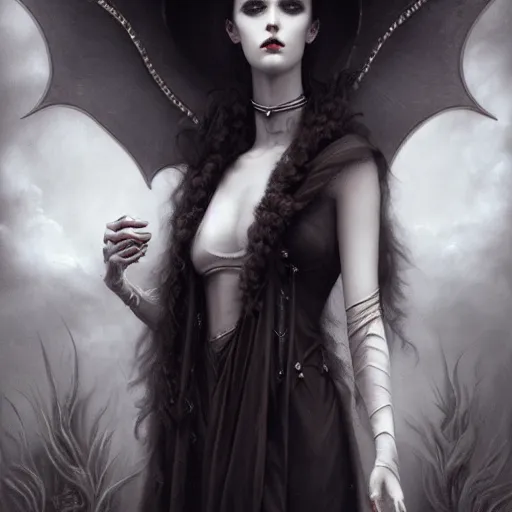 Image similar to By Tom Bagshaw, ultra realist soft painting of zynoid curiosities by night, very beautiful single female gothic fully dressed, horns, symmetry accurate features, very intricate details, ominous sky, black and white, volumetric light clouds