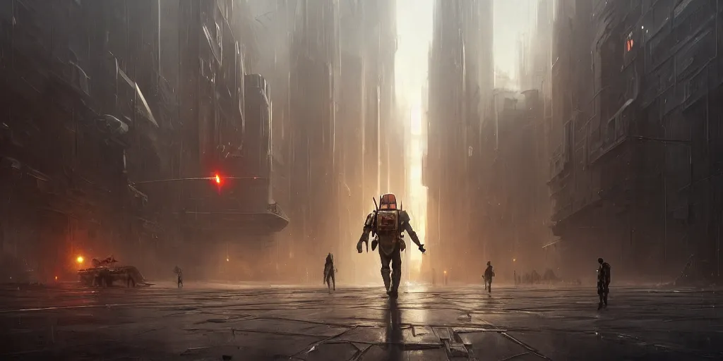 Image similar to a painting of a cinematic keyframe of a star wars mysterious boba fett walking into a cinematic landscape city, heavy atmosphere and smoke by greg rutkowski, rule of thirds, golden ratio, ambient lighting, wlop, artgerm, artstation, highly detailed masterpiece, dark fantasy art, high detail, trending on artstation