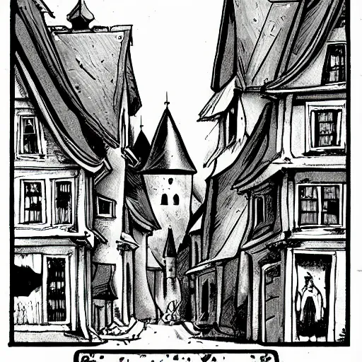 Image similar to mysterious town in medieval slovakia, comic art, black and white