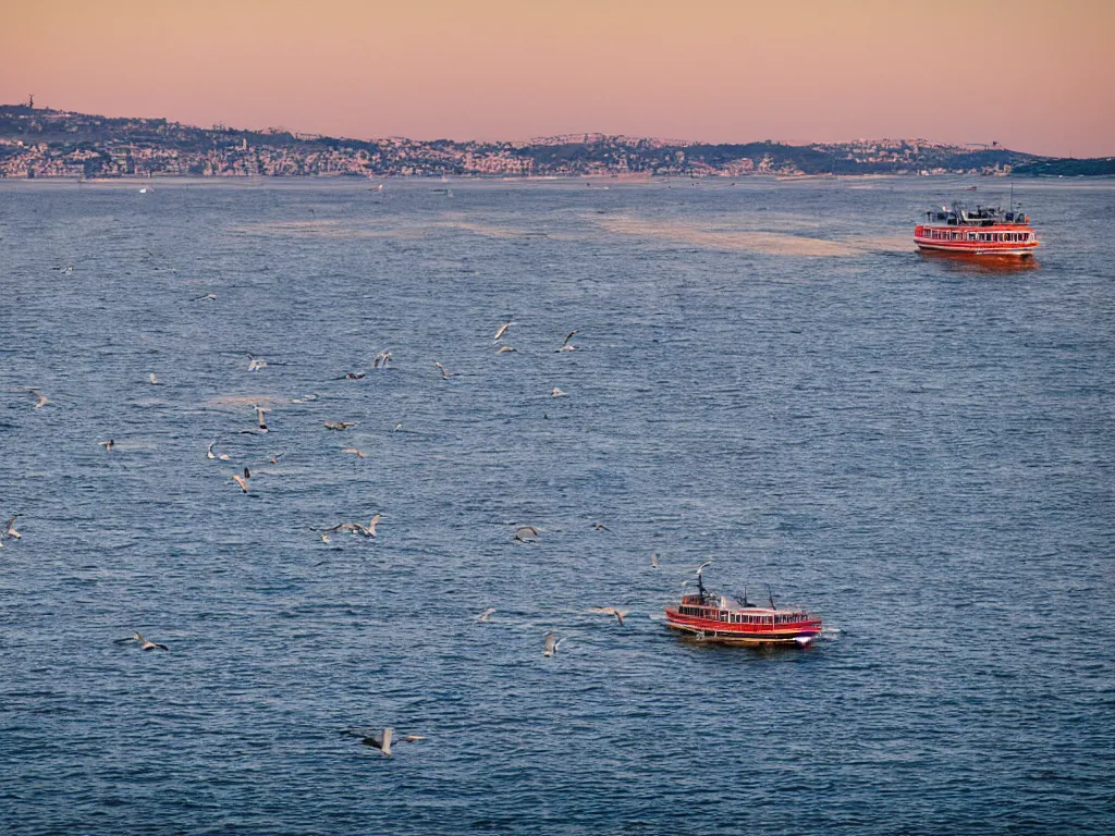 Prompt: a ferry on the Instanbul straits, golden hour, seagulls, professional photography,
