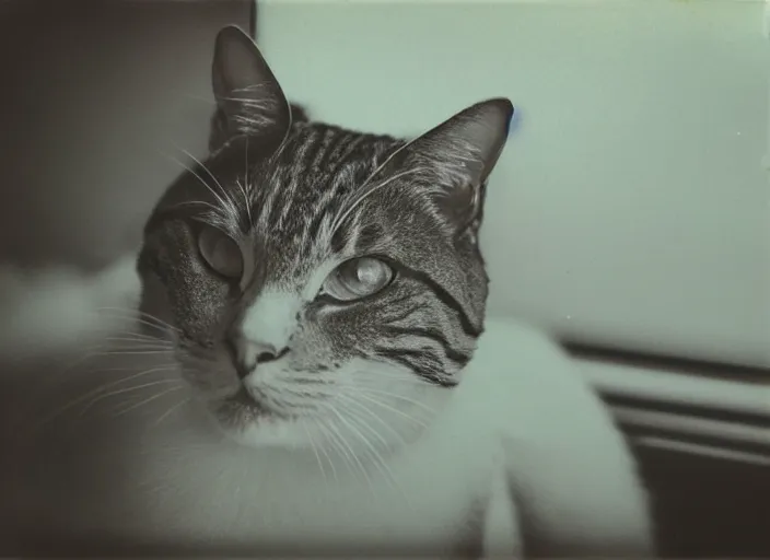 Image similar to photography polaroid of a Jack Cat . watching outside the window. on a bed. in a 70's room full of vinyls and posters, photorealistic, award winning photo, 100mm, sharp, high res