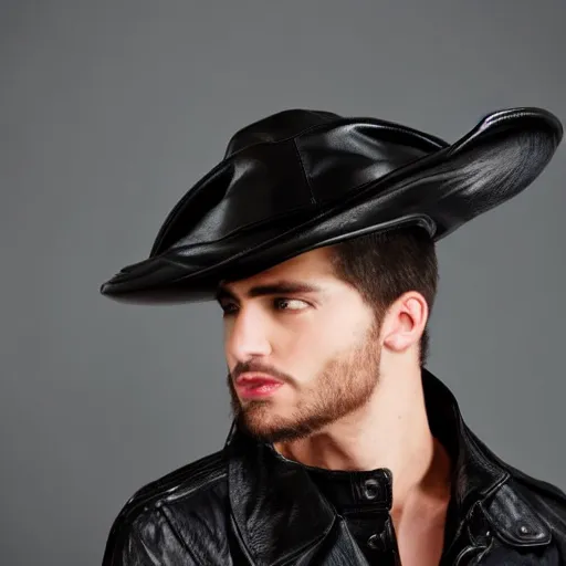 Image similar to a male model wearing a black leather hat, frontal view, cool looking