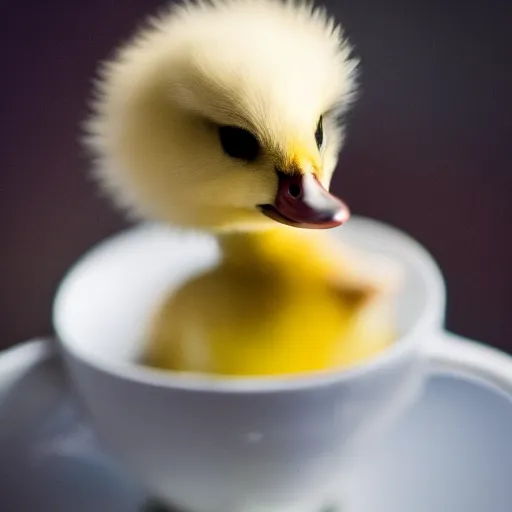 Image similar to cute duckling sitting in a teacup, photography, minimalistic, 8 k