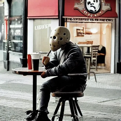 Image similar to photograph of jason voorhees having a coffee at an european caffé