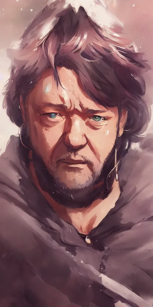 Image similar to anime portrait of Russell Crowe as an anime man by Stanley Artgerm Lau, WLOP, Rossdraws, James Jean, Andrei Riabovitchev, Marc Simonetti, and Sakimichan, trending on artstation