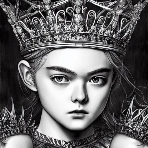 Image similar to a striking hyper real manga illustration of Elle Fanning with a crown by Kentaro Miura