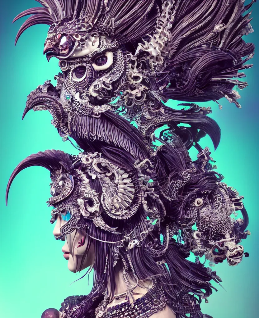 Image similar to 3 d goddess close - up profile portrait punk with mohawk with ram skull. beautiful intricately detailed japanese crow kitsune mask and clasical japanese kimono. betta fish, jellyfish phoenix, bio luminescent, plasma, ice, water, wind, creature, artwork by tooth wu and wlop and beeple and greg rutkowski