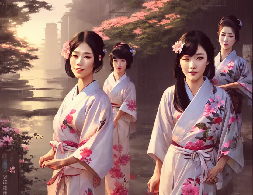 Image similar to two beautiful fashion taiwan girl wear elegant yukata in festival | | big eyes, summer night, realistic shaded, smile, good looking, fine details, 4 k realistic, cryengine, realistic shaded lighting poster by greg rutkowski, magali villeneuve, artgerm, jeremy lipkin and michael garmash and rob rey