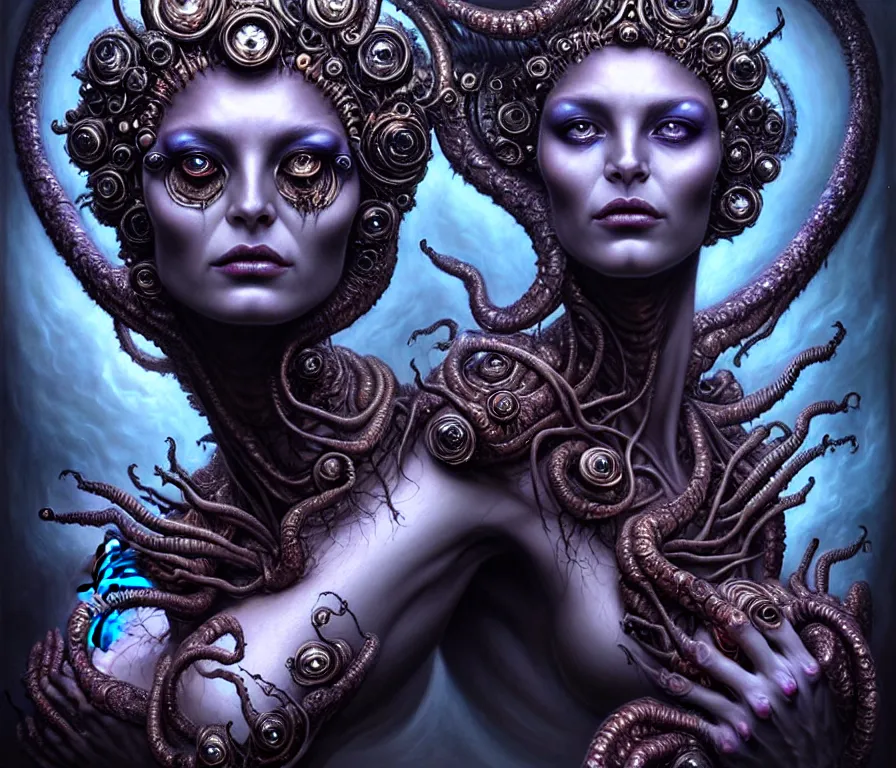 Image similar to A beautiful detailed alien goddess woman with 6 arms super dark tarot card, gorgeous model face by Stanley Artgerm, by tomasz alen kopera and Justin Gerard, 4 eyes, beautiful symmetrical features, ominous, magical realism, melting, texture, intricate, ornate, royally decorated, melting, whirling smoke, embers, purple adornments, blue torn fabric, radiant colors, fantasy, trending on artstation, volumetric lighting, micro details, 3d sculpture, ray tracing, 8k, anaglyph effect