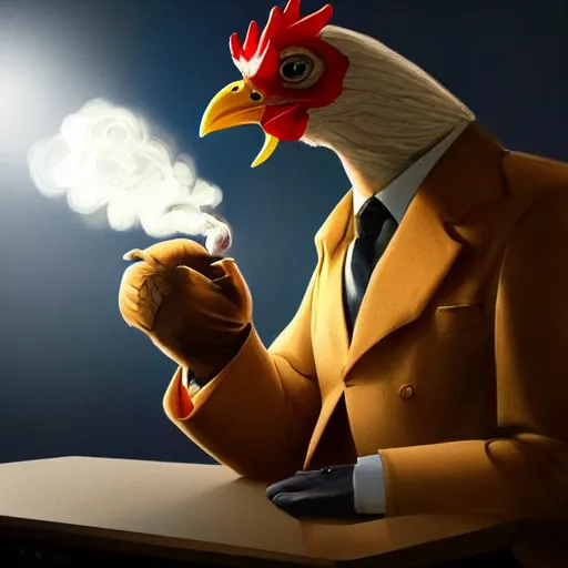 Image similar to a chicken wearing a suit smoking a cigar, dramatic lighting, cinematic, establishing shot, extremly high detail, photorealistic, cinematic lighting, artstation, style by James Gurney