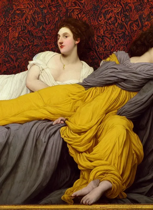 Prompt: masterpiece portrait of hybrid sarah siddons and lisa minelli and maya hawke, reclining on bed, flowing cloth floating in the wind, wearing yellow ochre ornate medieval dress, vertical, foreshortening, colour photography by frederic leighton, william morris, 8 k