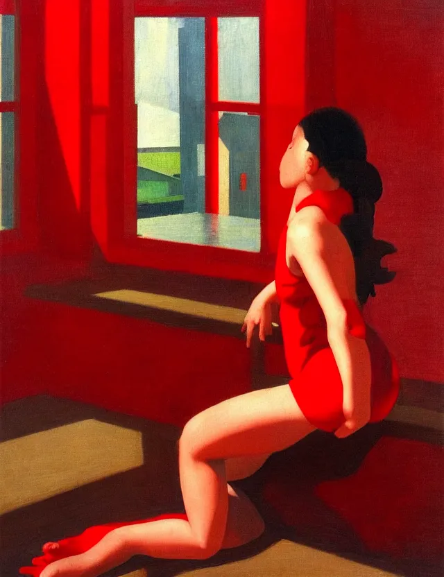 Prompt: only with red, red goddess, tokyo, a lot of frogs to watch, in the style of beksinsky, parts of edward hopper, parts of rodchenko, parts of yue mingjun, complex and epic composition, red caravaggio, insanely high - quality, very detailed, masterpiece, red light, artstation, 4 k