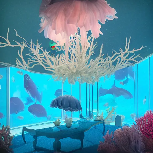 Image similar to photo of the modern fashionable room as aquarium with a chandelier as a big jellyfish, beautiful corals on the walls and dangerous sharks on the big panoramic window, a lot of gleans, under the ocean, realistic colors, realistic shadows, daylight made in blender and cinema 4 d, hd, 3 d by beeple and by greg rutkowski