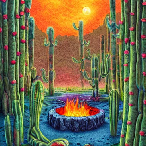 Prompt: richly detailed colored pencil 3 d illustration spartan tea at campfire with trichocereus jungle background smoke haze full moon ayahuasca peyote art by rossdraws 8 k