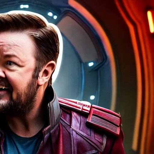 Prompt: ricky gervais as star lord, movie still, photorealistic, 8 k