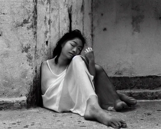 Image similar to Sappho chilling in the streets of Ancient Greece, candid, 35mm film, by Fan Ho