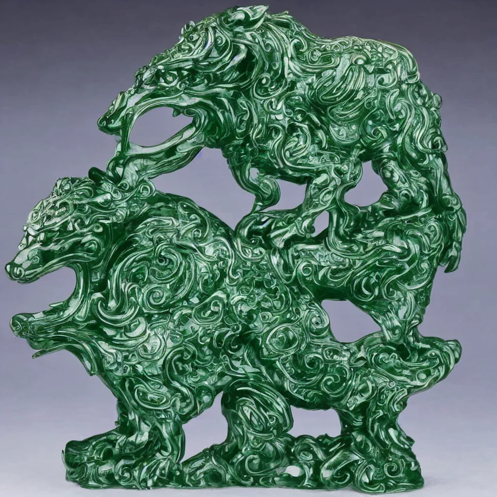 Prompt: transparent dark green jade sculpture of a wolf with intricate carving.