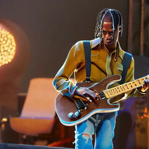 Image similar to Travis Scott playing on guitar at the stage, by studio Pixar,
