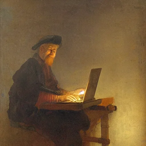 Prompt: man working on a laptop, art by rembrandt